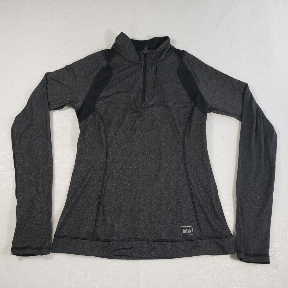 REI Top Womens XS Gray Black Fleet 1/4 Zip Pullover Athleisure Sportswear Logo
